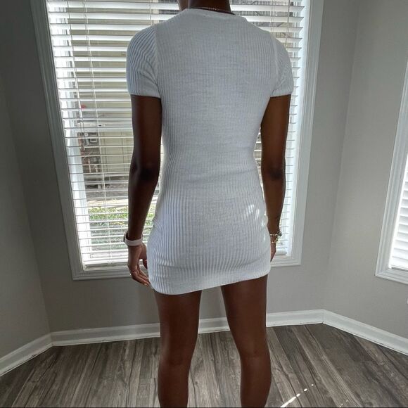 NASTY GAL Cream Knit Ribbed T-Shirt Mini Dress - Picture 6 of 11